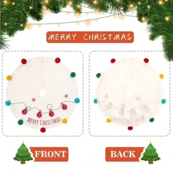 Cream White 32 Inches Christmas Tree Skirt Embroidery Colorful Bright Pompom - Picture 5 of 8